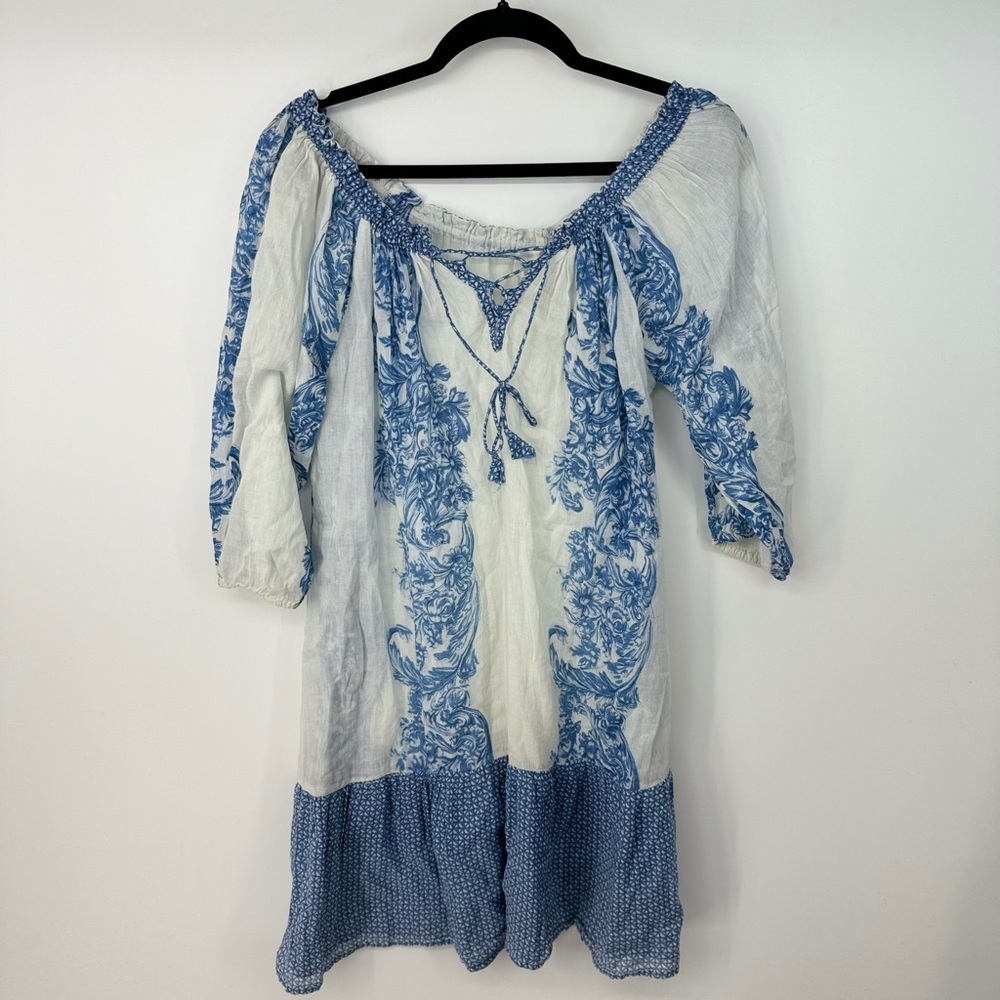 Shana K Floral Cotton Vintage Y2K Porcelain Print V Neck Tie Babydoll Midi Dress